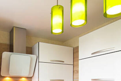 White and brown interior for small kitchen with green elements