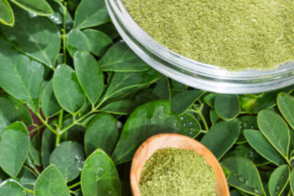 Fresh leaves and moringa powder - Moringa oleifera. Top view